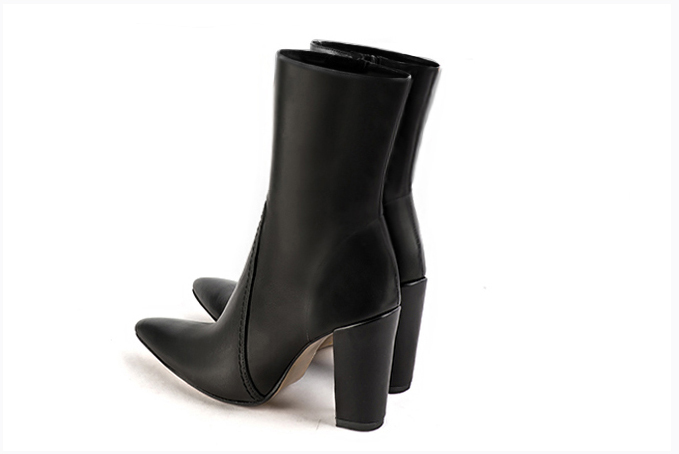Satin black women's ankle boots with a zip on the inside. Tapered toe. Very high block heels. Rear view - Florence KOOIJMAN